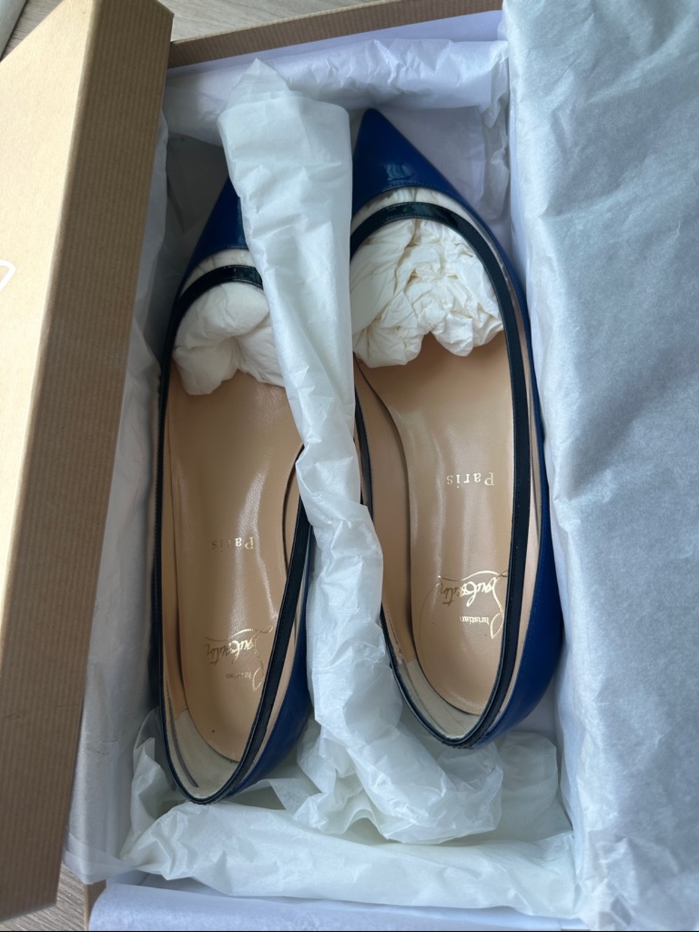 Brand New Christian Louboutin Navy and Black Pointed Toe Ballet Flats